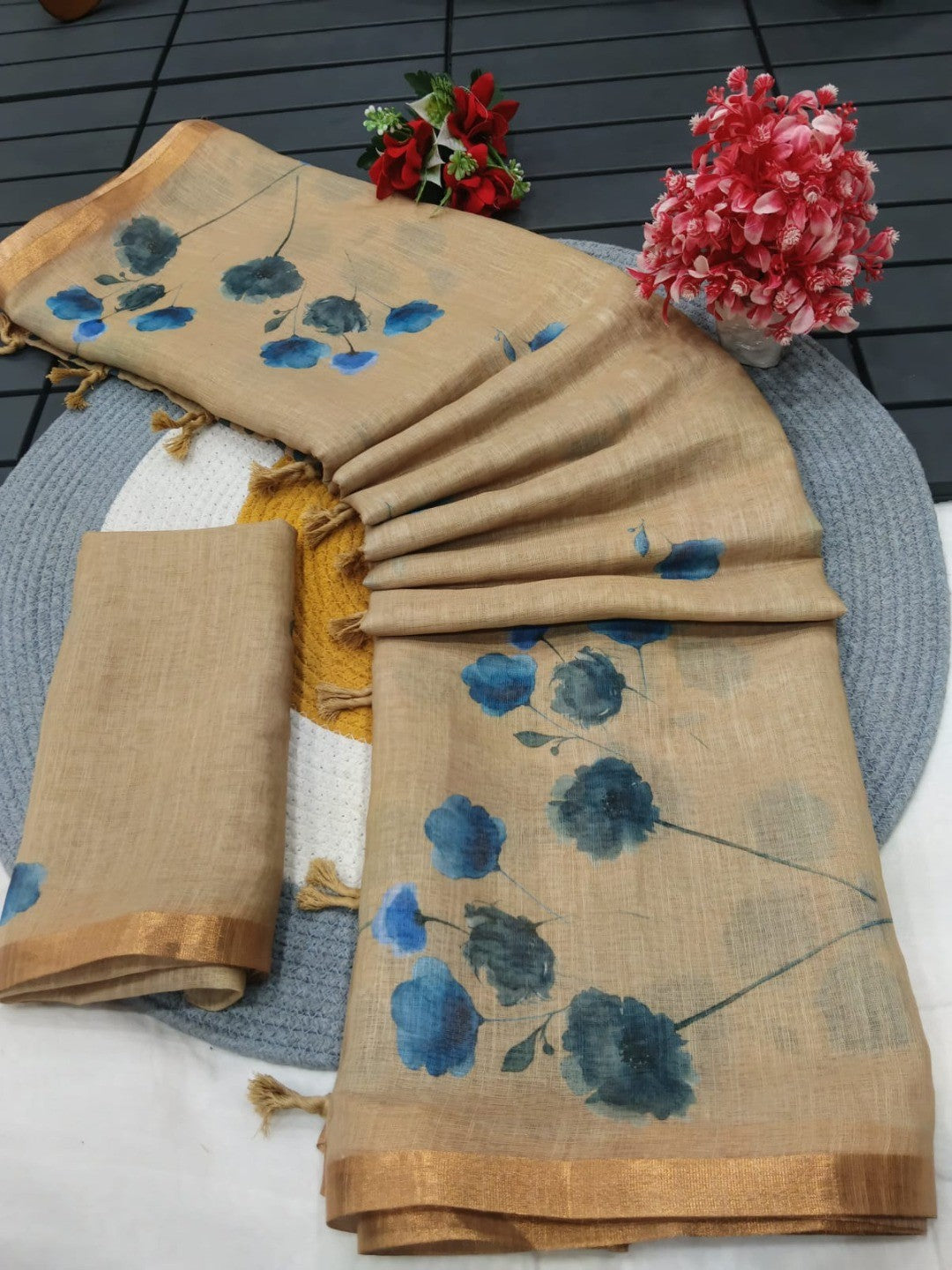 Elegant Beige Linen Saree with Blue Floral Print and Golden Border - Image 2
