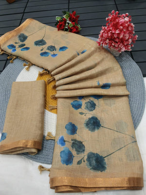 Elegant Beige Linen Saree with Blue Floral Print and Golden Border - Image 2