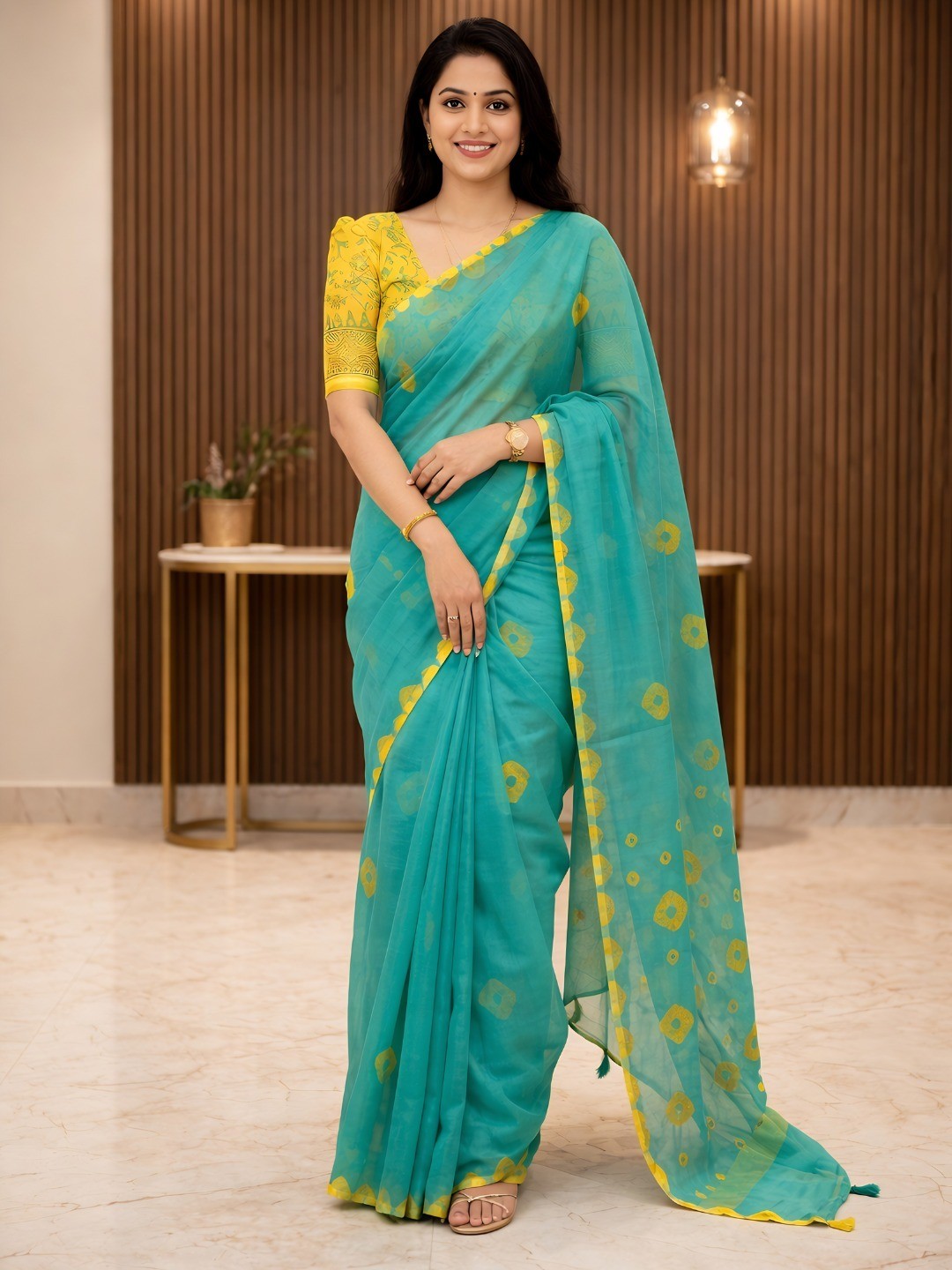 Elegant Green Linen Saree with Yellow Bandhani Print - Image 1