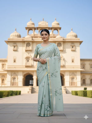 Elegant Grey Linen Saree with Floral Print and Golden Border - Image 1