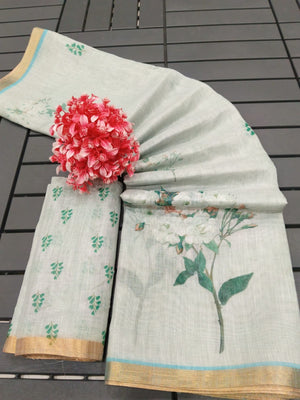 Elegant Grey Linen Saree with Floral Print and Golden Border - Image 2