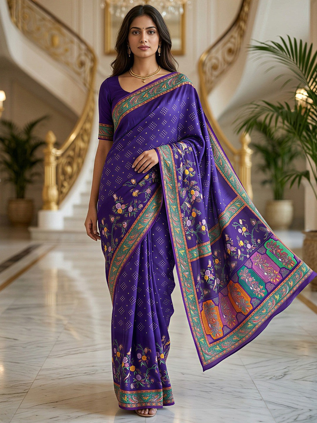 Premium Violet Bandhani & Floral Printed Dola Silk Saree With Rich Foil Work - Image 1