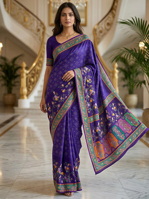 Premium Violet Bandhani & Floral Printed Dola Silk Saree With Rich Foil Work - Image 1
