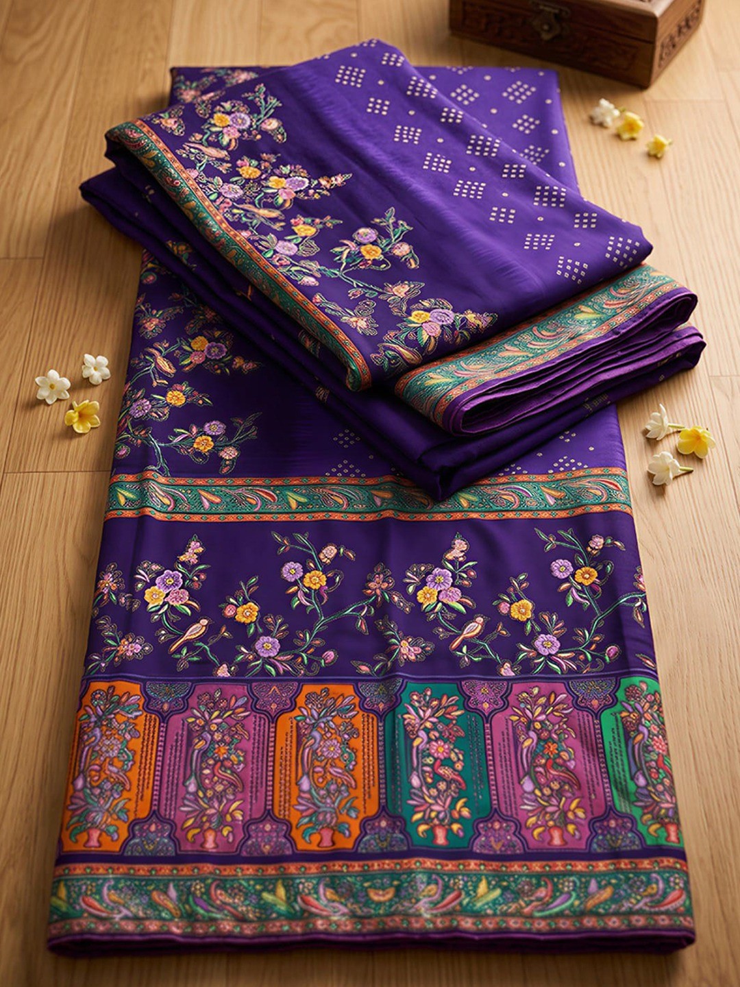 Premium Violet Bandhani & Floral Printed Dola Silk Saree With Rich Foil Work - Image 2