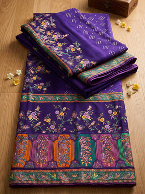 Premium Violet Bandhani & Floral Printed Dola Silk Saree With Rich Foil Work - Image 2