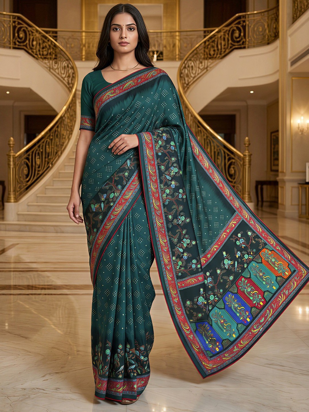 Premium Teal Bandhani & Floral Printed Dola Silk Saree With Rich Foil Work - Image 1