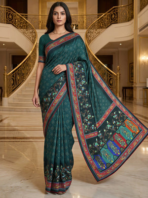 Premium Teal Bandhani & Floral Printed Dola Silk Saree With Rich Foil Work - Image 1