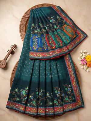 Premium Teal Bandhani & Floral Printed Dola Silk Saree With Rich Foil Work - Image 2