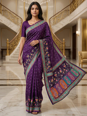 Premium Purple Bandhani & Floral Printed Dola Silk Saree With Rich Foil Work - Image 1