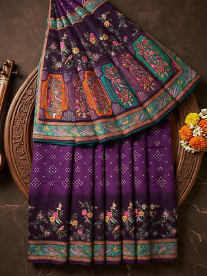 Premium Purple Bandhani & Floral Printed Dola Silk Saree With Rich Foil Work - Image 2