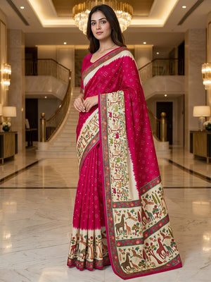 Premium Pink Bandhani & Animal Printed Dola Silk Saree With Rich Foil Work - Image 1