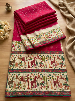 Premium Pink Bandhani & Animal Printed Dola Silk Saree With Rich Foil Work - Image 2