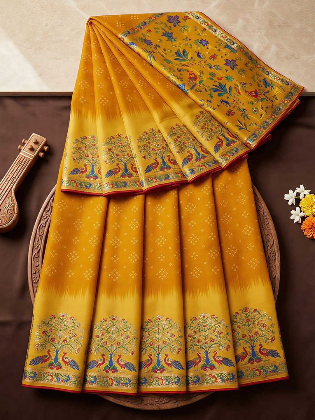 Premium Mustard Bandhani & Floral Printed Dola Silk Saree With Rich Foil Work - Image 2