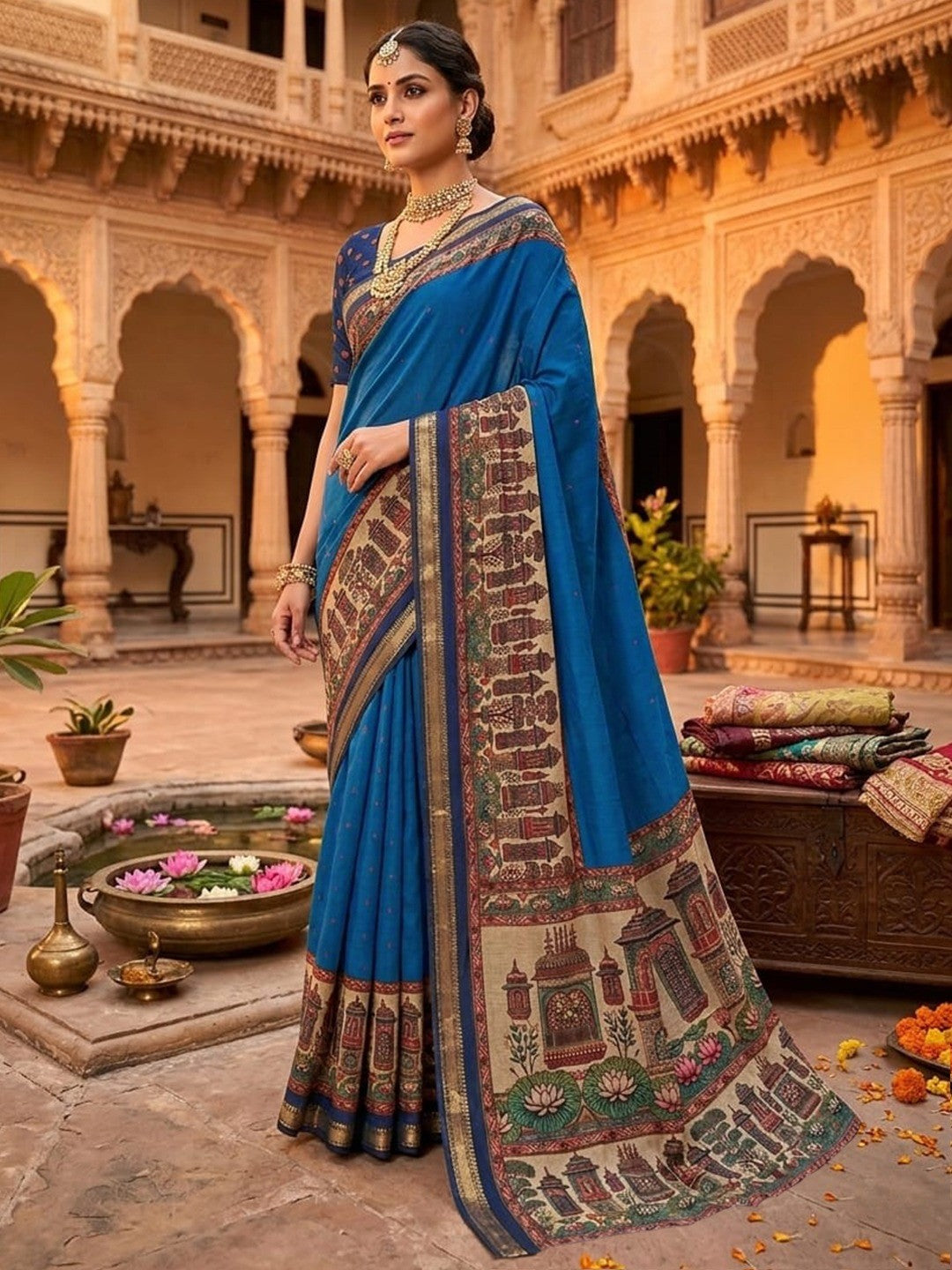 Graceful Blue Temple & Floral Print Mulmul Cotton Saree Enhanced With Zari Border Work - Image 1