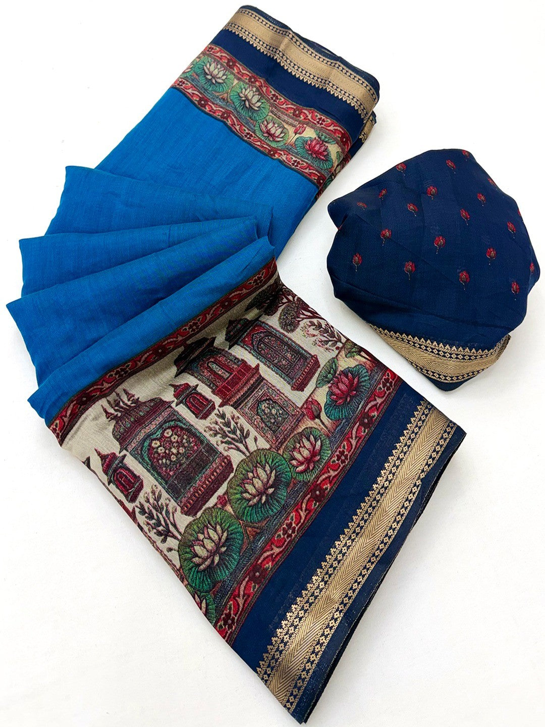 Graceful Blue Temple & Floral Print Mulmul Cotton Saree Enhanced With Zari Border Work - Image 3