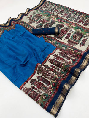 Graceful Blue Temple & Floral Print Mulmul Cotton Saree Enhanced With Zari Border Work - Image 2