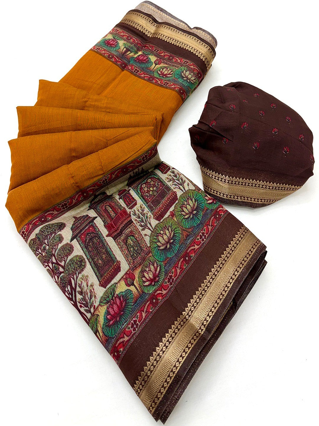 Graceful Mustard Temple & Floral Print Mulmul Cotton Saree Enhanced With Zari Border Work - Image 3