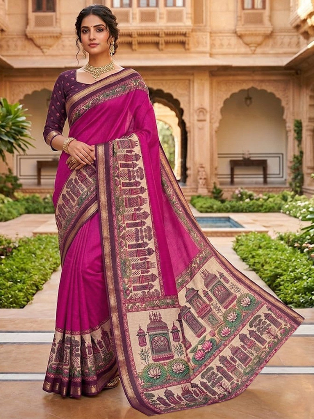 Graceful Magenta Temple & Floral Print Mulmul Cotton Saree Enhanced With Zari Border Work - Image 1