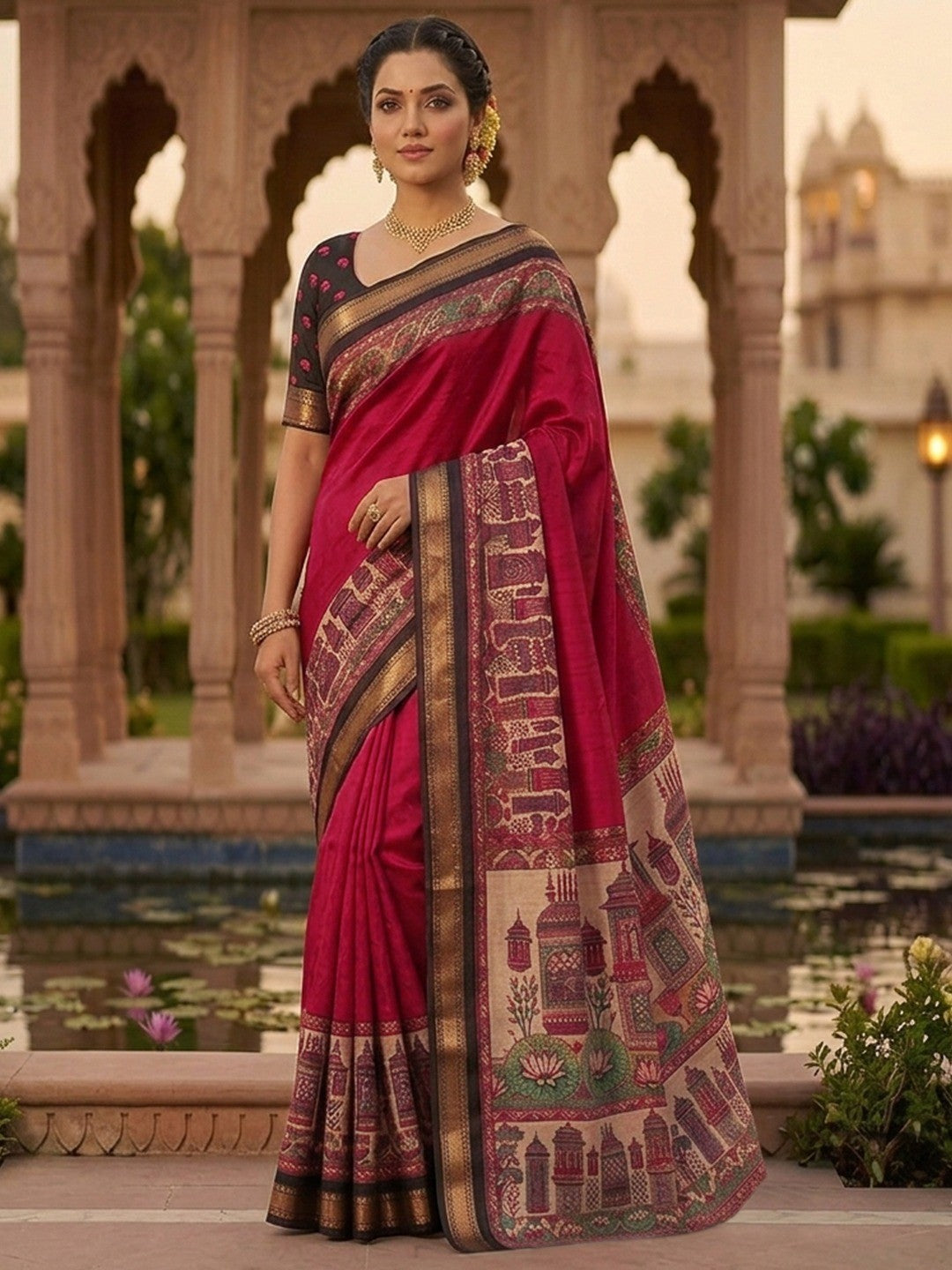 Graceful Red Temple & Floral Print Mulmul Cotton Saree Enhanced With Zari Border Work - Image 1