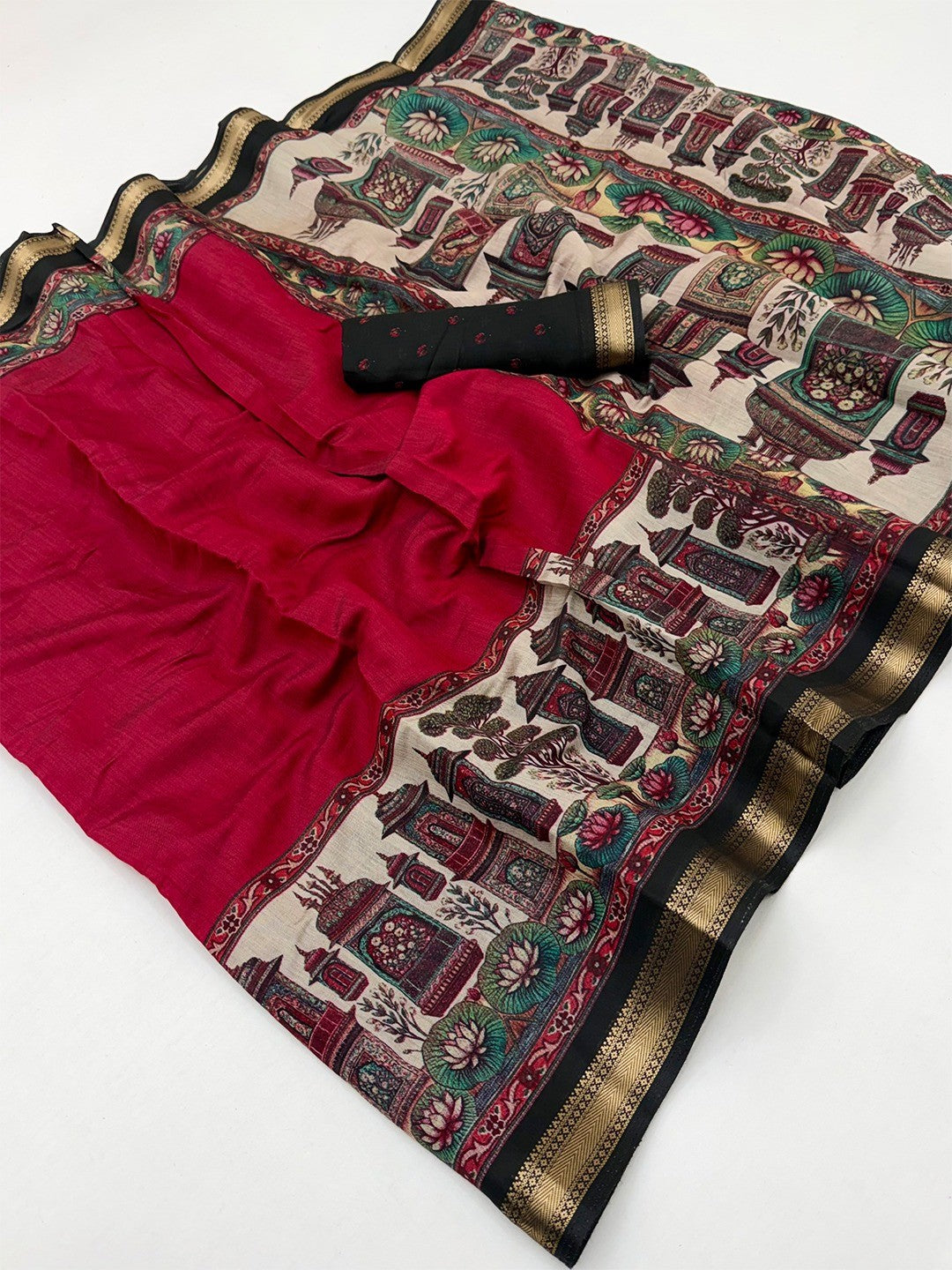 Graceful Red Temple & Floral Print Mulmul Cotton Saree Enhanced With Zari Border Work - Image 2