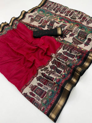Graceful Red Temple & Floral Print Mulmul Cotton Saree Enhanced With Zari Border Work - Image 2
