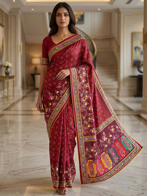 Premium Maroon Bandhani & Floral Printed Dola Silk Saree With Rich Foil Work - Image 1