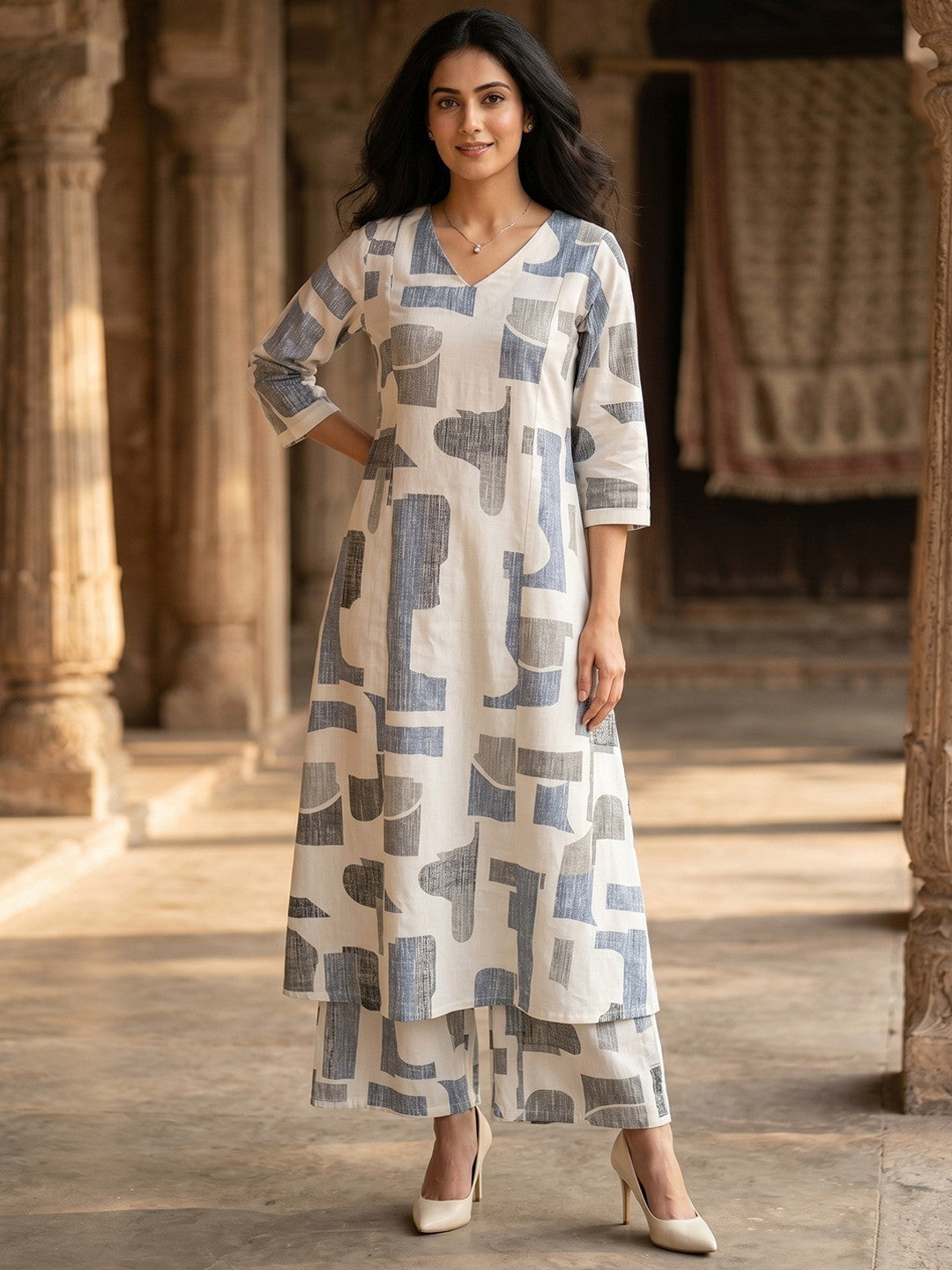 Blue Abstract Print Pure Cotton A-Line Top Bottom Set for Casual Wear - Image 1