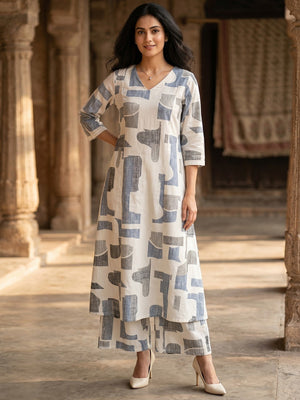 Blue Abstract Print Pure Cotton A-Line Top Bottom Set for Casual Wear - Image 1