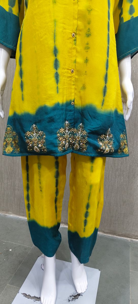 Peachmode Yellow Muslin Tie-Dye Embroidered Top Bottom Set - Image 2