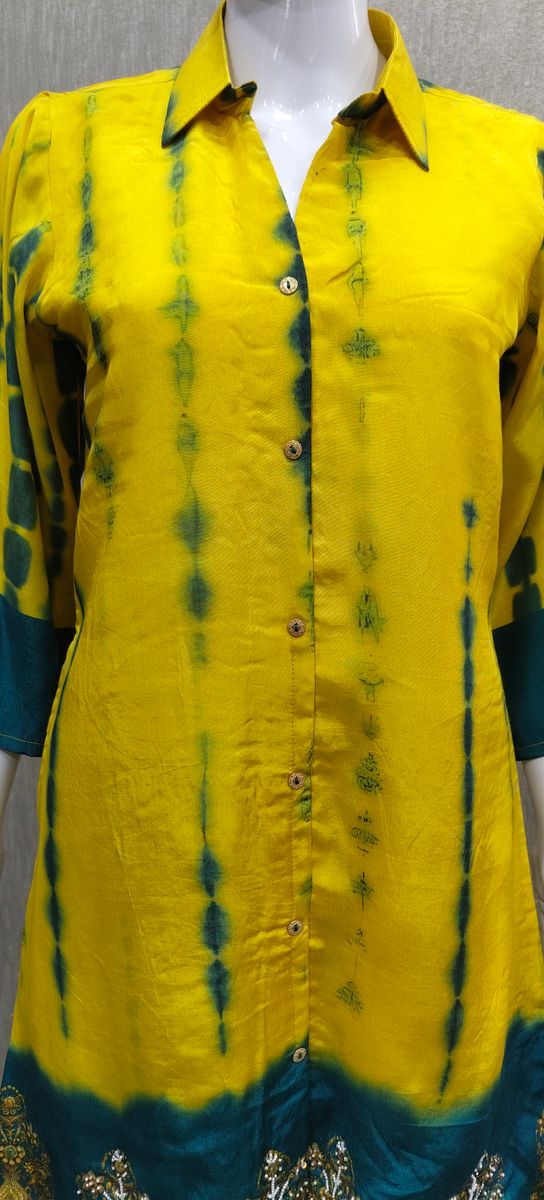 Peachmode Yellow Muslin Tie-Dye Embroidered Top Bottom Set - Image 3