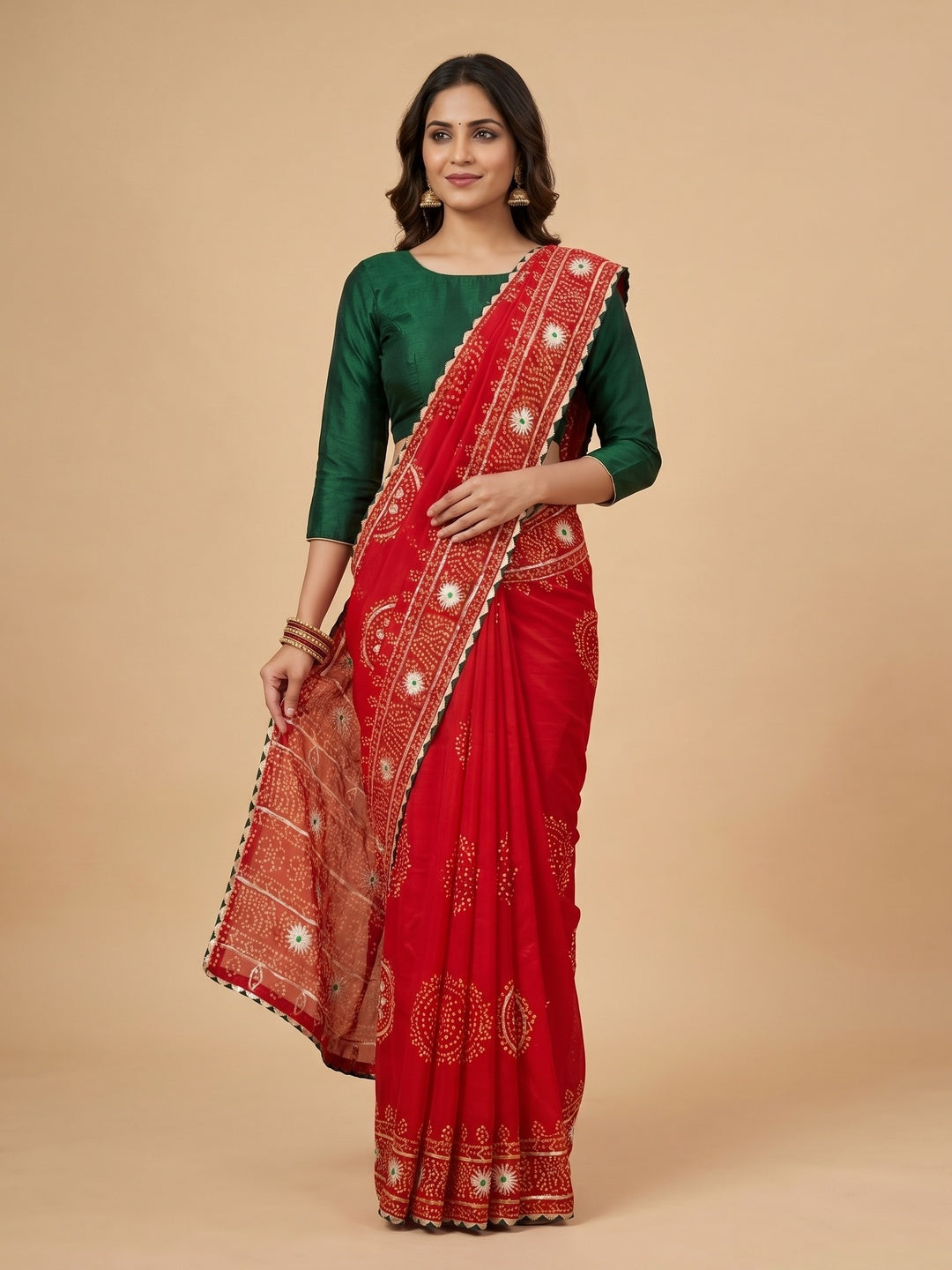 Red Vichitra Silk Saree with Bandhani Design and Gota Work Traditional Look - Image 1