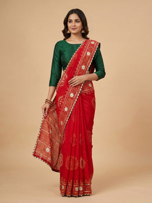 Red Vichitra Silk Saree with Bandhani Design and Gota Work Traditional Look - Image 1