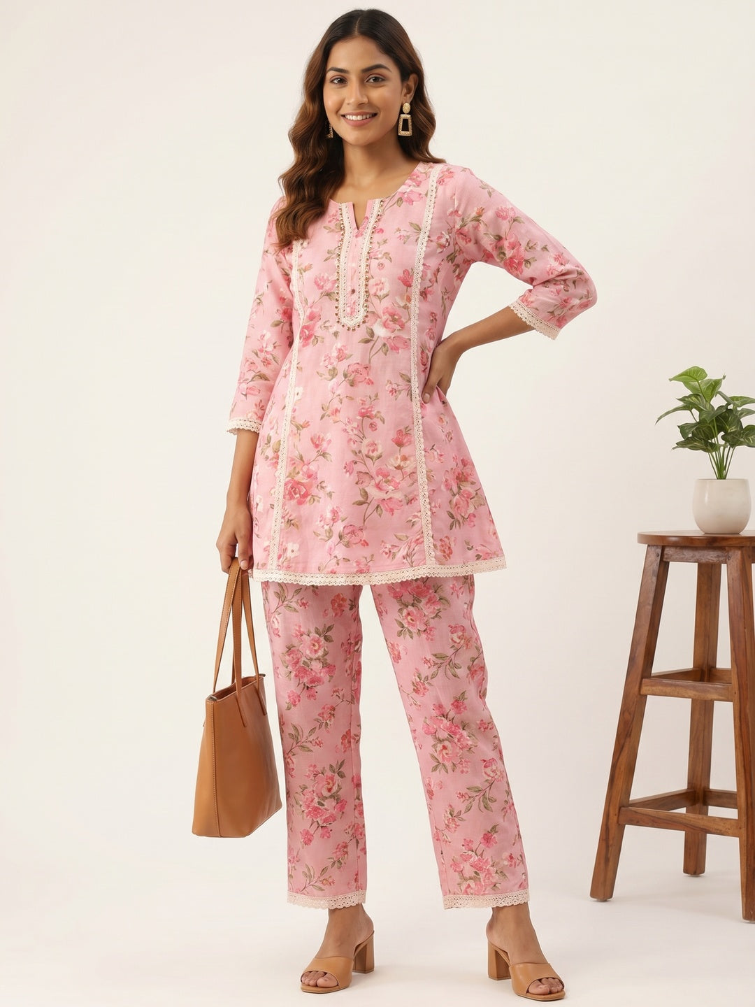 Pink Floral Print Linen Two Piece Set with Modern Patterns and Soft Feel - Image 1