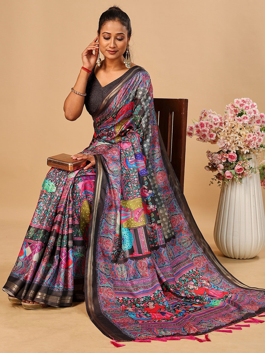 Elegant Black Floral & Paisley Digital Printed Tussar Silk Saree with Tassels Pallu - Image 3
