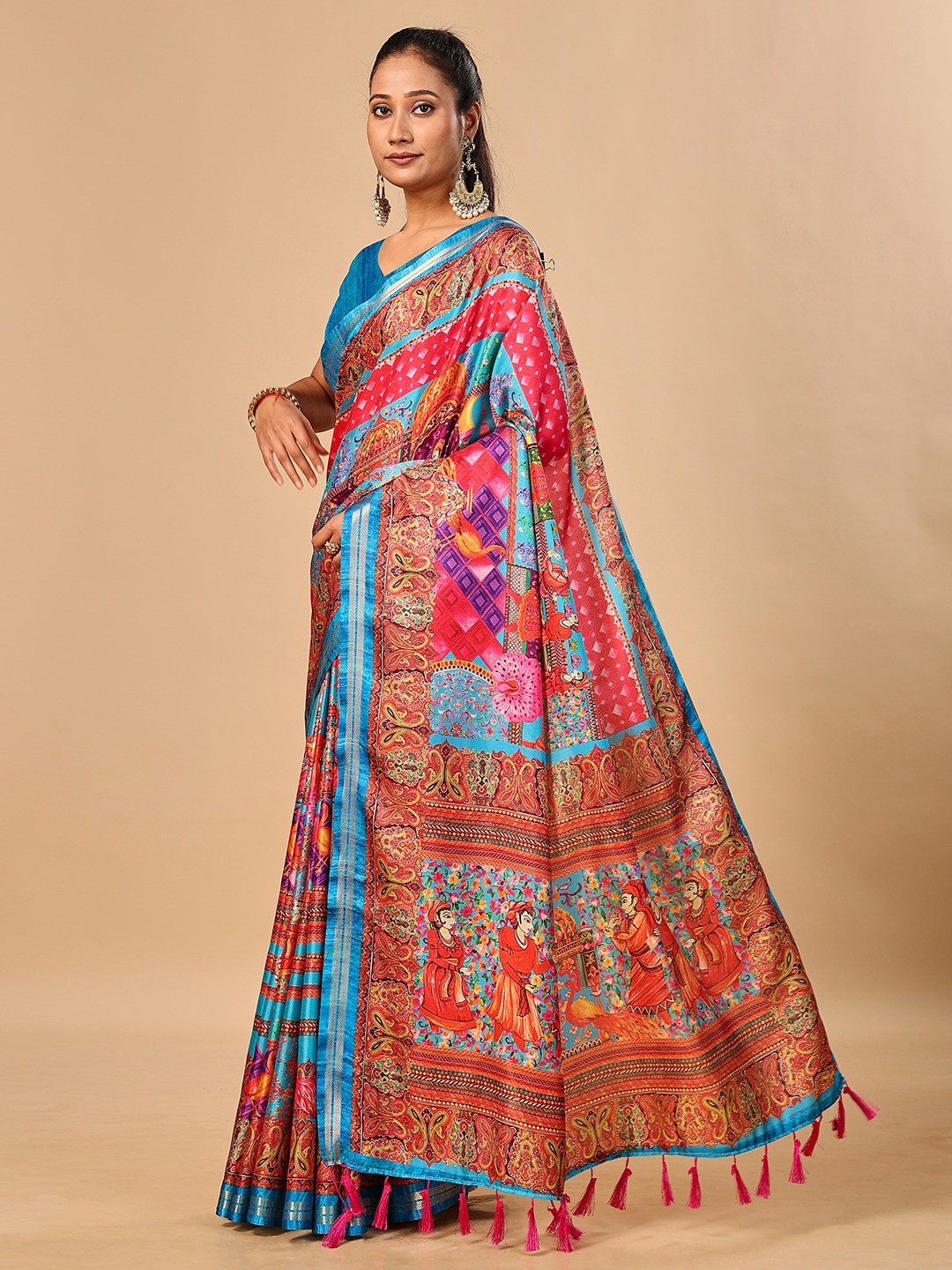 Elegant Blue Floral & Paisley Digital Printed Tussar Silk Saree with Tassels Pallu - Image 4