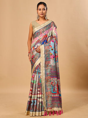 Elegant Cream Floral & Paisley Digital Printed Tussar Silk Saree with Tassels Pallu - Image 1