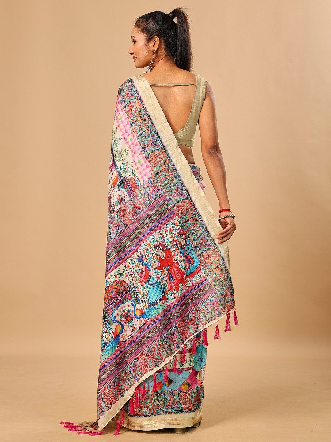 Elegant Cream Floral & Paisley Digital Printed Tussar Silk Saree with Tassels Pallu - Image 3