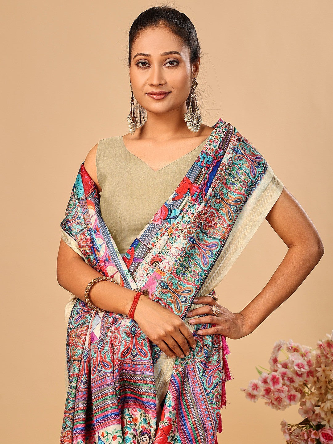 Elegant Cream Floral & Paisley Digital Printed Tussar Silk Saree with Tassels Pallu - Image 2