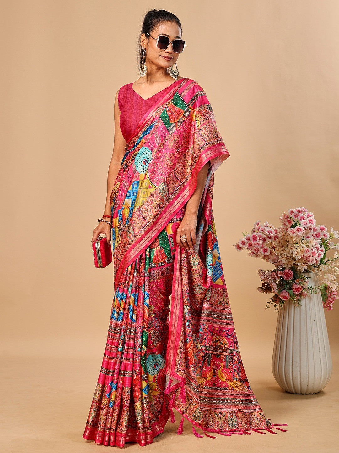 Elegant Pink Floral & Paisley Digital Printed Tussar Silk Saree with Tassels Pallu - Image 5