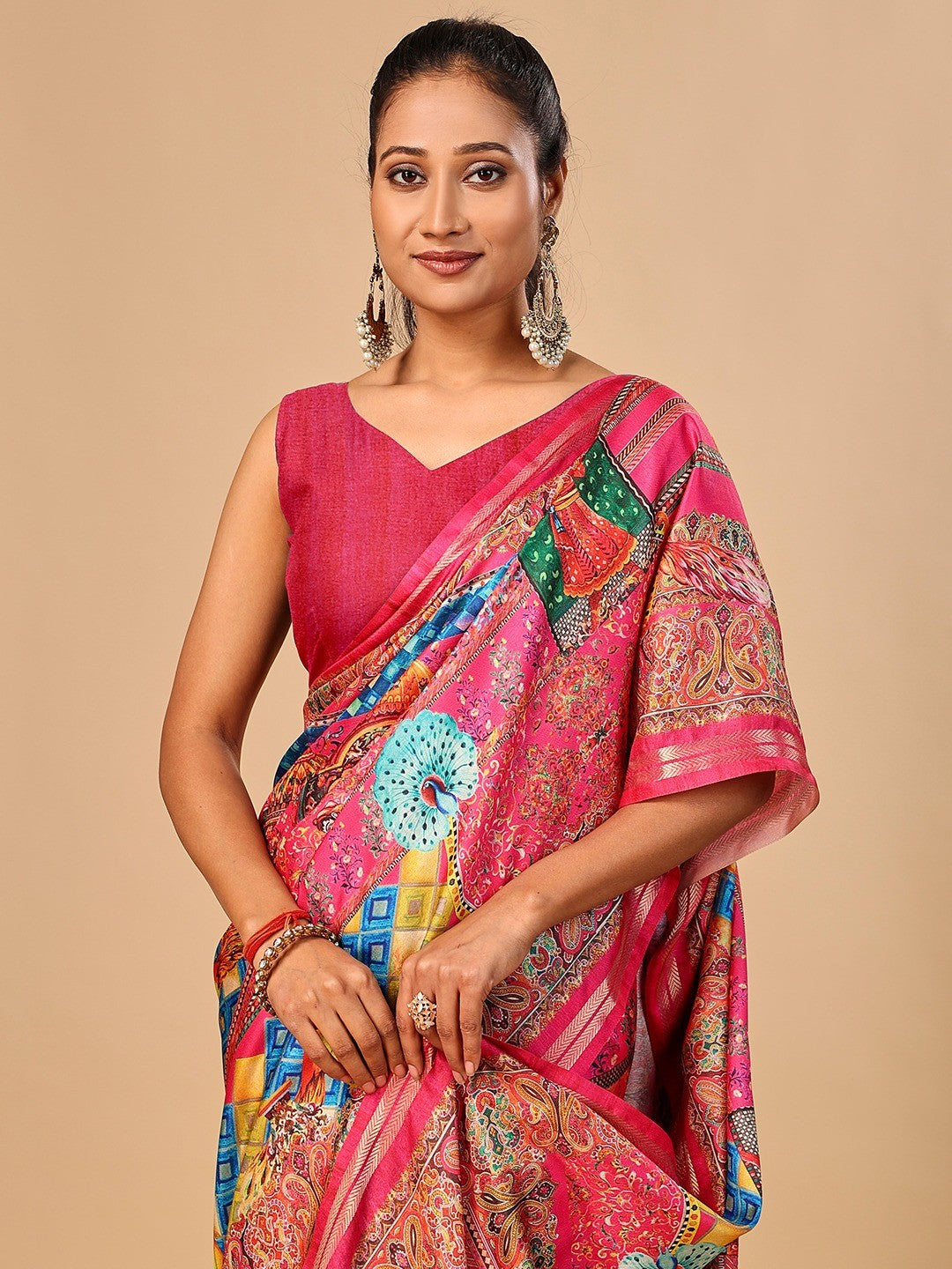 Elegant Pink Floral & Paisley Digital Printed Tussar Silk Saree with Tassels Pallu - Image 2