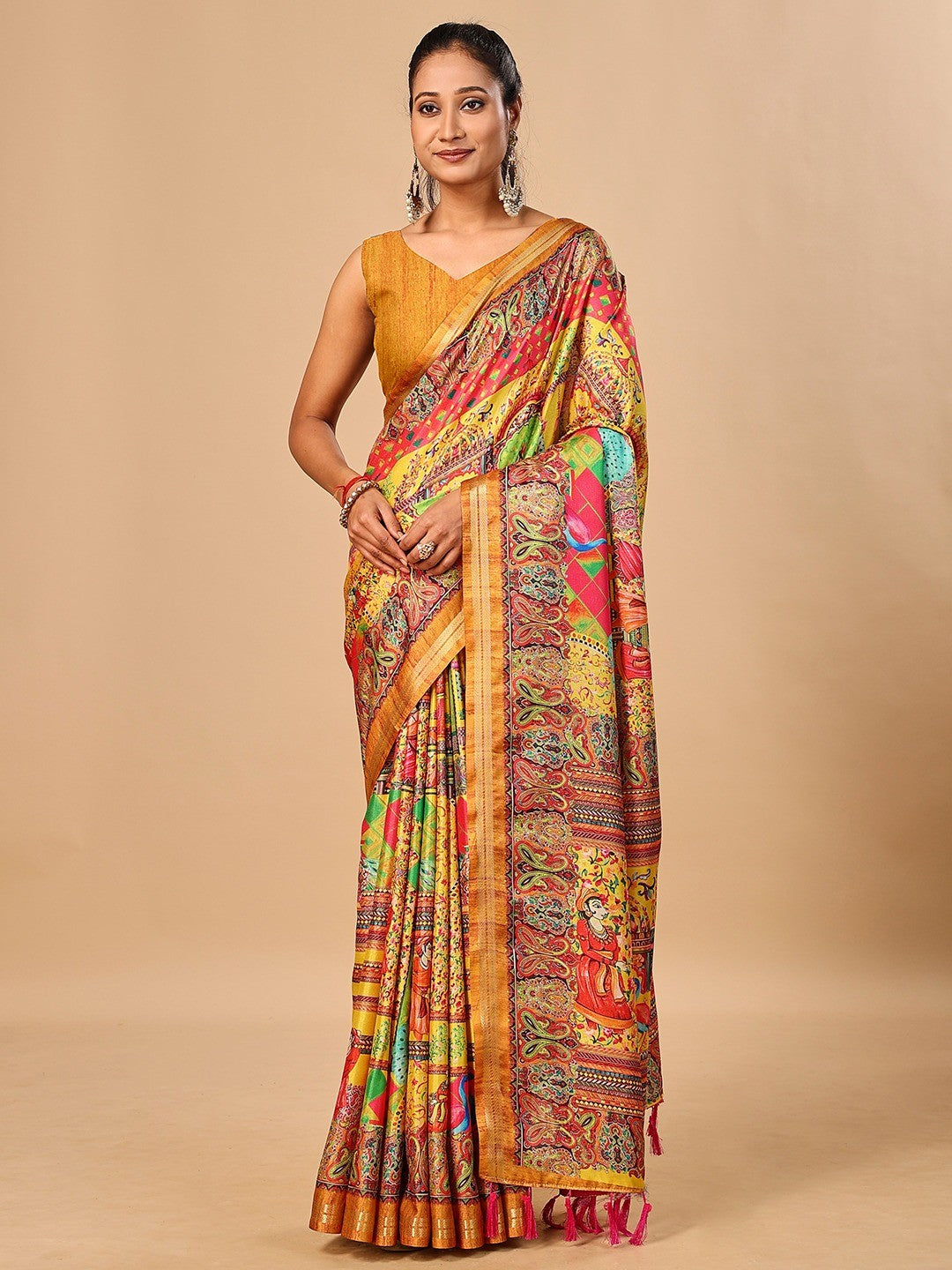 Elegant Yellow Floral & Paisley Digital Printed Tussar Silk Saree with Tassels Pallu - Image 5