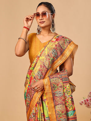 Elegant Yellow Floral & Paisley Digital Printed Tussar Silk Saree with Tassels Pallu - Image 2