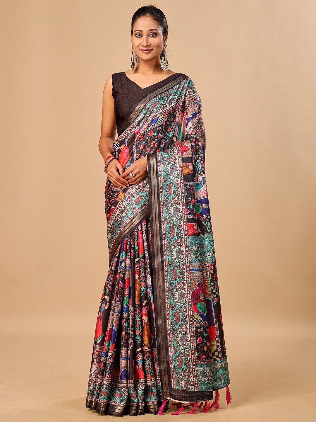 Premium Black Floral & Paisley Digital Printed Tussar Silk Saree With Zari Weaving Border - Image 1