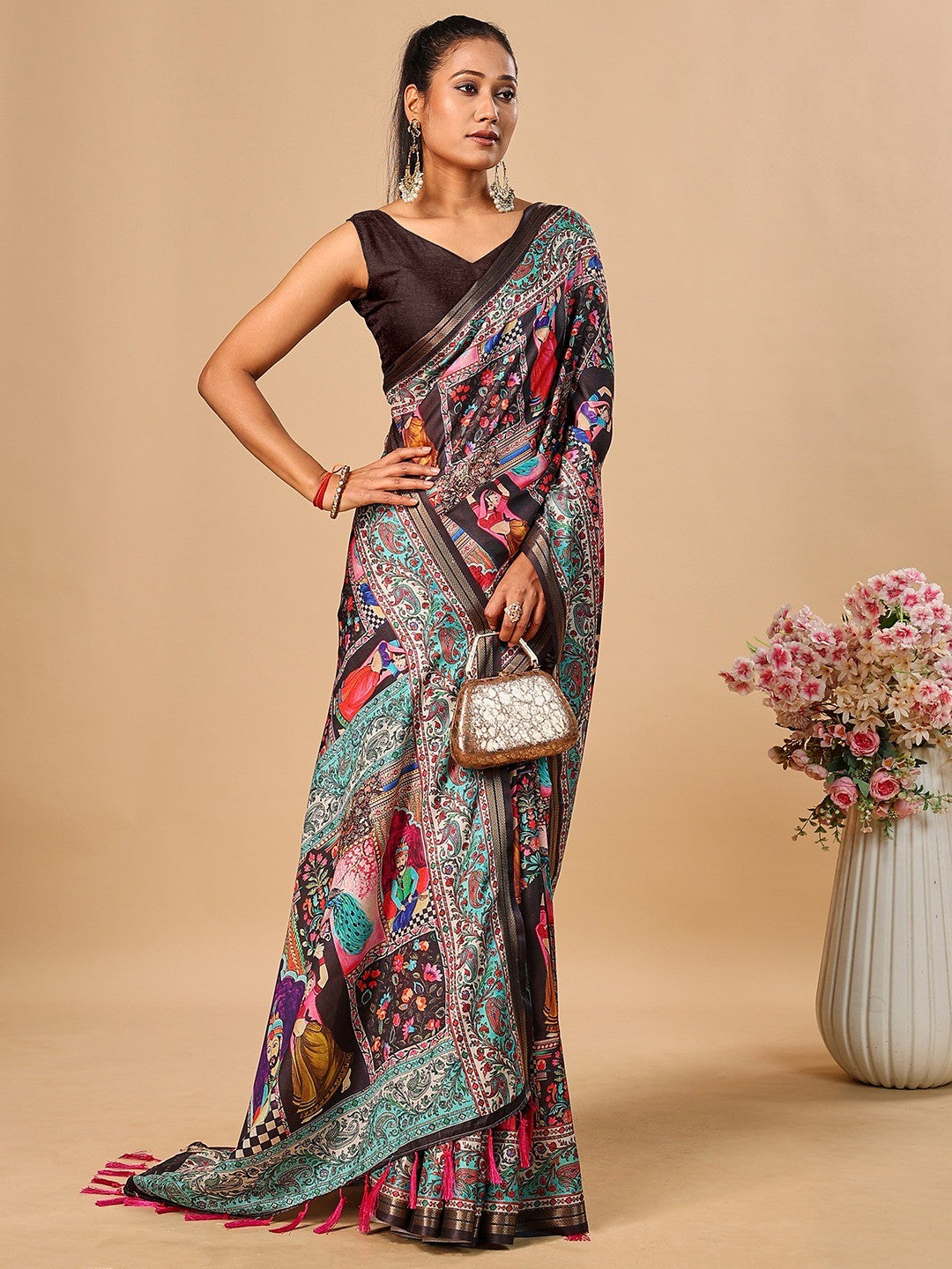 Premium Black Floral & Paisley Digital Printed Tussar Silk Saree With Zari Weaving Border - Image 5
