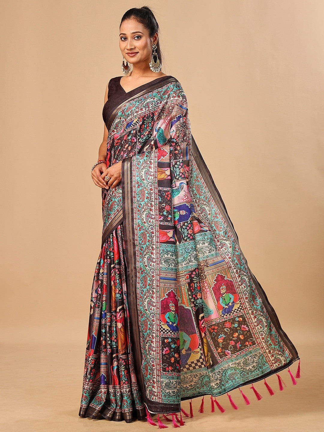 Premium Black Floral & Paisley Digital Printed Tussar Silk Saree With Zari Weaving Border - Image 4