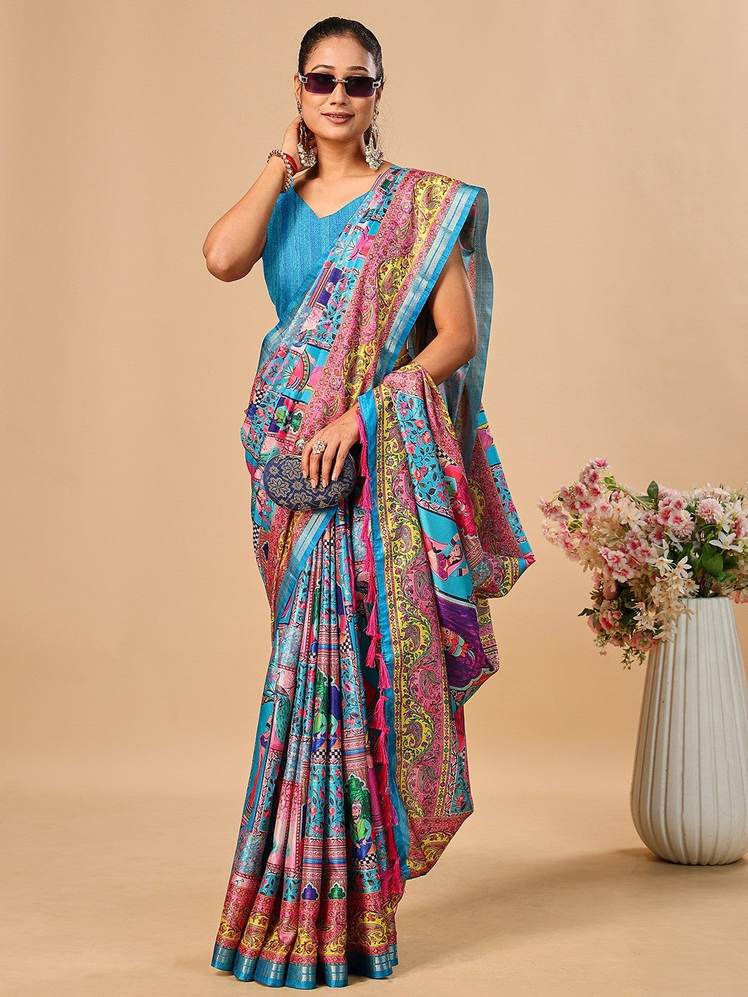 Premium Blue Floral & Paisley Digital Printed Tussar Silk Saree With Zari Weaving Border - Image 1