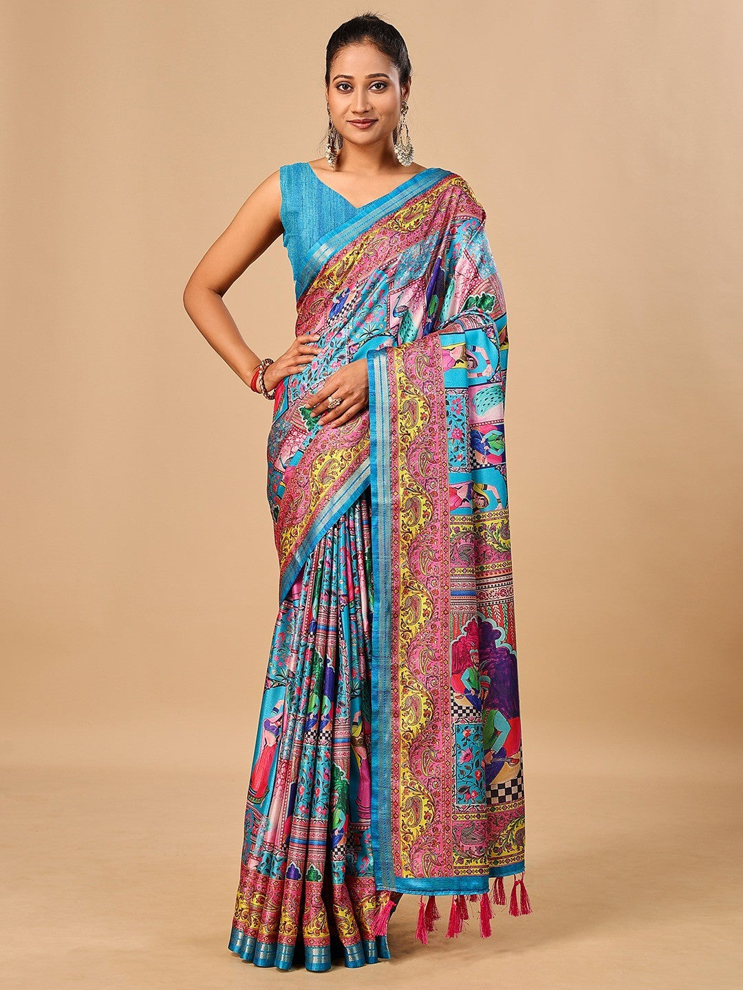 Premium Blue Floral & Paisley Digital Printed Tussar Silk Saree With Zari Weaving Border - Image 5