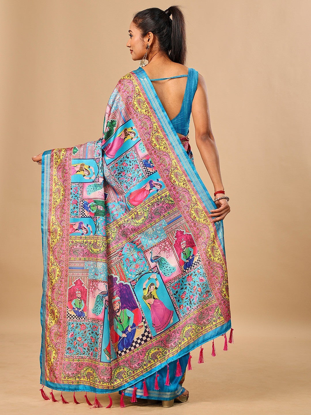 Premium Blue Floral & Paisley Digital Printed Tussar Silk Saree With Zari Weaving Border - Image 3