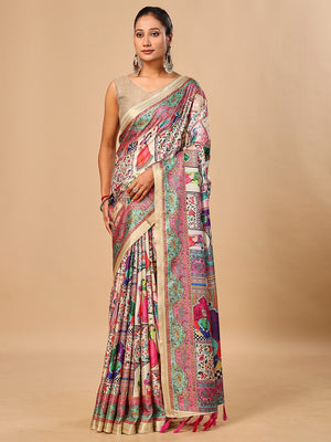 Premium Cream Floral & Paisley Digital Printed Tussar Silk Saree With Zari Weaving Border - Image 1