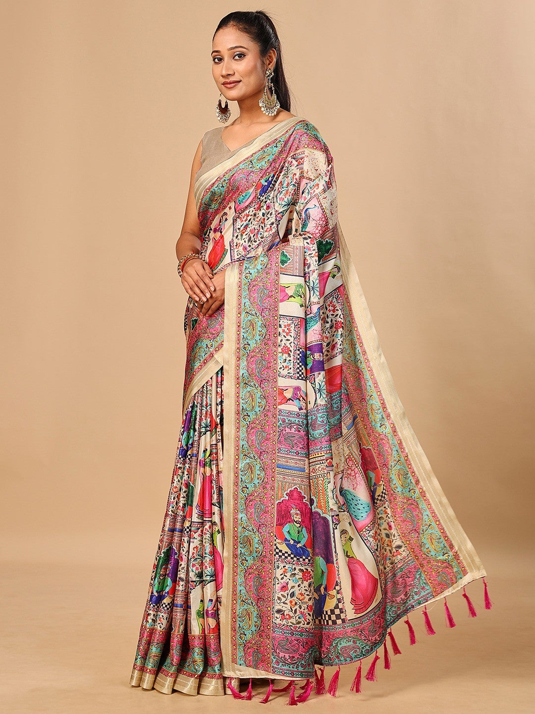 Premium Cream Floral & Paisley Digital Printed Tussar Silk Saree With Zari Weaving Border - Image 5